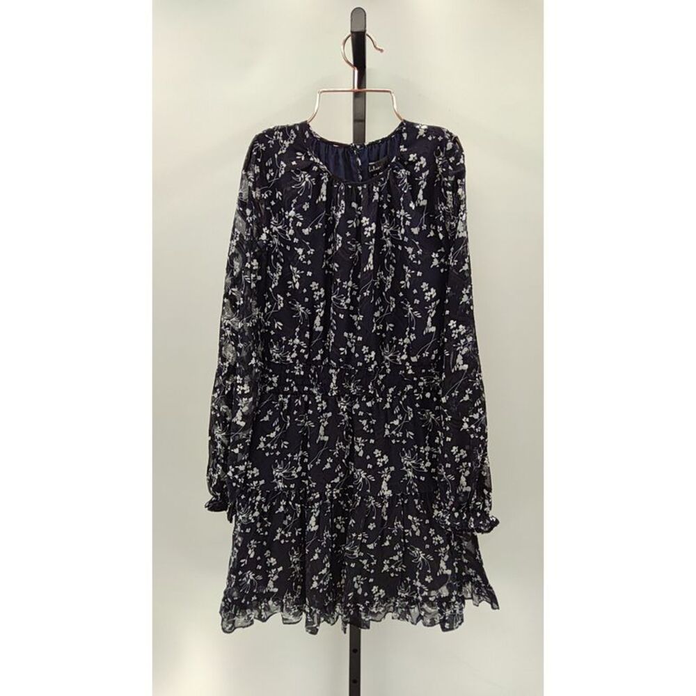 Lulus Women Too Cute Navy Blue Floral Print Smocked Long Sleeve Mini Dress XS